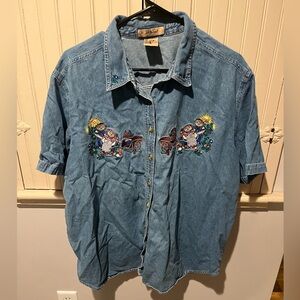 Ladies Vintage Denim Shirt Plus Size 22/24 Blue Jean Embroidered Teddy Bears Y2K